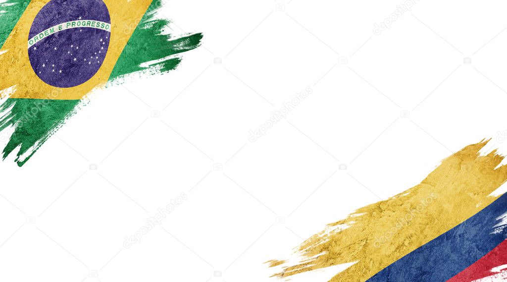 Flags of Brazil and Colombia on White Background